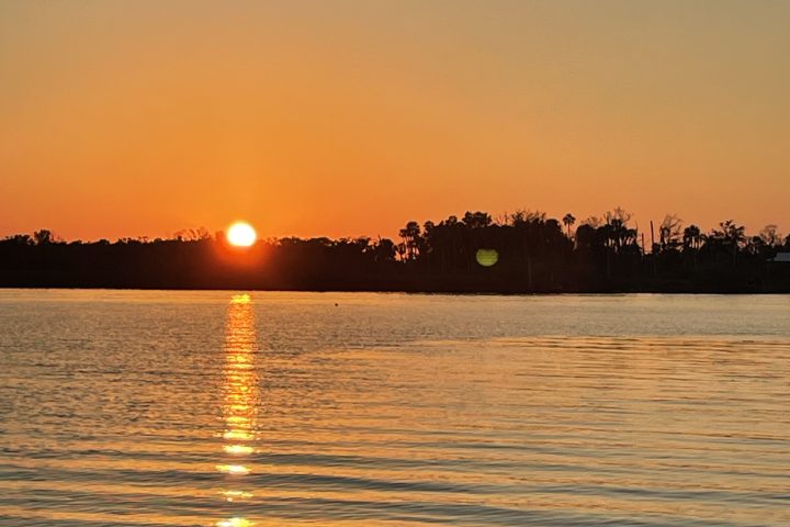 Sunset over a calm lake with silhouette of trees on the horizon.